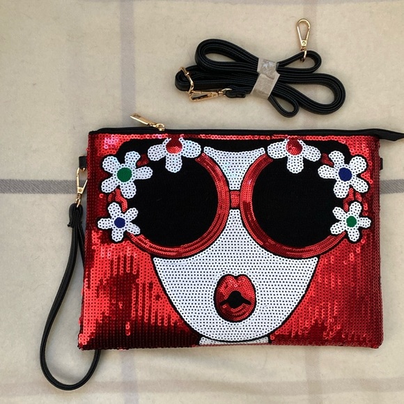 Handbags - Red Sequin Fashion Lady With Flowers Oversized Clutch, Crossbody Purse, Wristlet